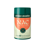 Frasco do suplemento NAC (N-Acetil-L-Cisteína) da União Vegetal com 60 cápsulas de 700mg e fórmula concentrada.