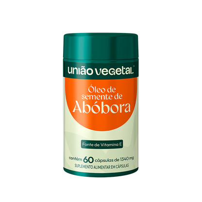 Frasco do suplemento Óleo de Semente de Abóbora da União Vegetal com 60 cápsulas de 1340 mg, fonte de vitamina E.