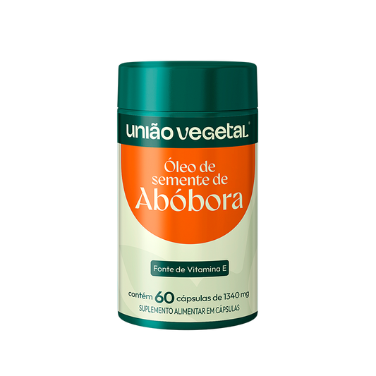Frasco do suplemento Óleo de Semente de Abóbora da União Vegetal com 60 cápsulas de 1340 mg, fonte de vitamina E.