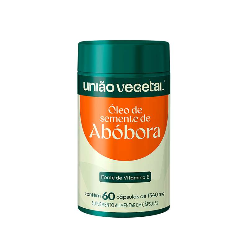 Frasco do suplemento Óleo de Semente de Abóbora da União Vegetal com 60 cápsulas de 1340 mg, fonte de vitamina E.