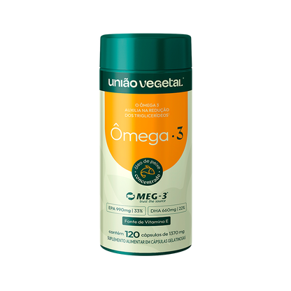Frasco de Ômega 3 União Vegetal com 120 cápsulas, óleo de peixe MEG-3® com DHA, EPA e vitamina E em fórmula concentrada.