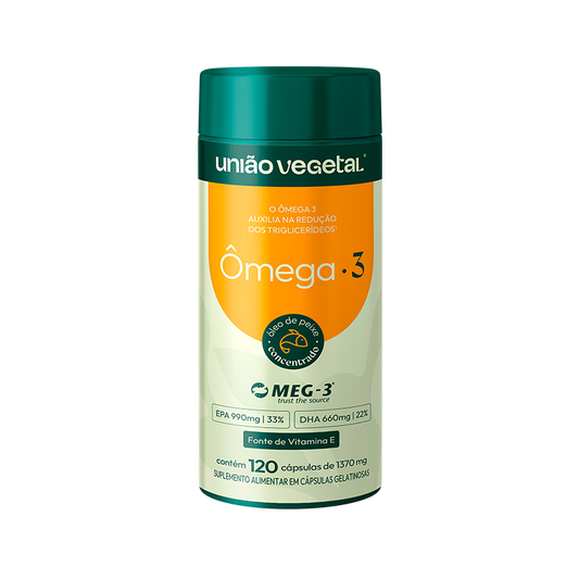 Frasco de Ômega 3 União Vegetal com 120 cápsulas, óleo de peixe MEG-3® com DHA, EPA e vitamina E em fórmula concentrada.