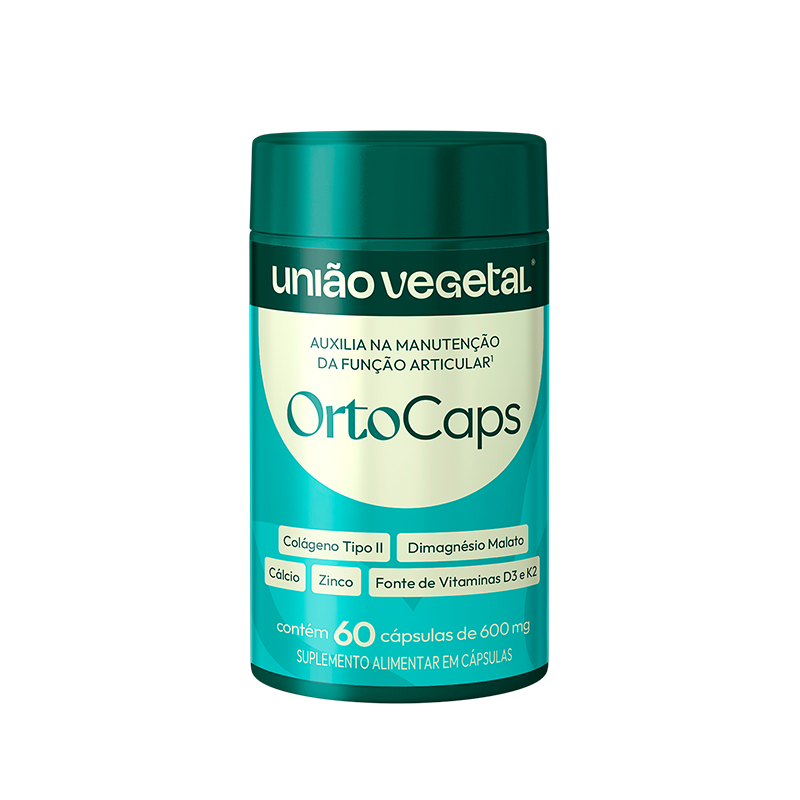 Frasco do suplemento OrtoCaps da União Vegetal com 60 cápsulas de 600mg. Fórmula para suporte articular com colágeno tipo II e minerais.