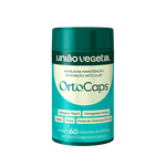 Frasco do suplemento OrtoCaps da União Vegetal com 60 cápsulas de 600mg. Fórmula para suporte articular com colágeno tipo II e minerais.