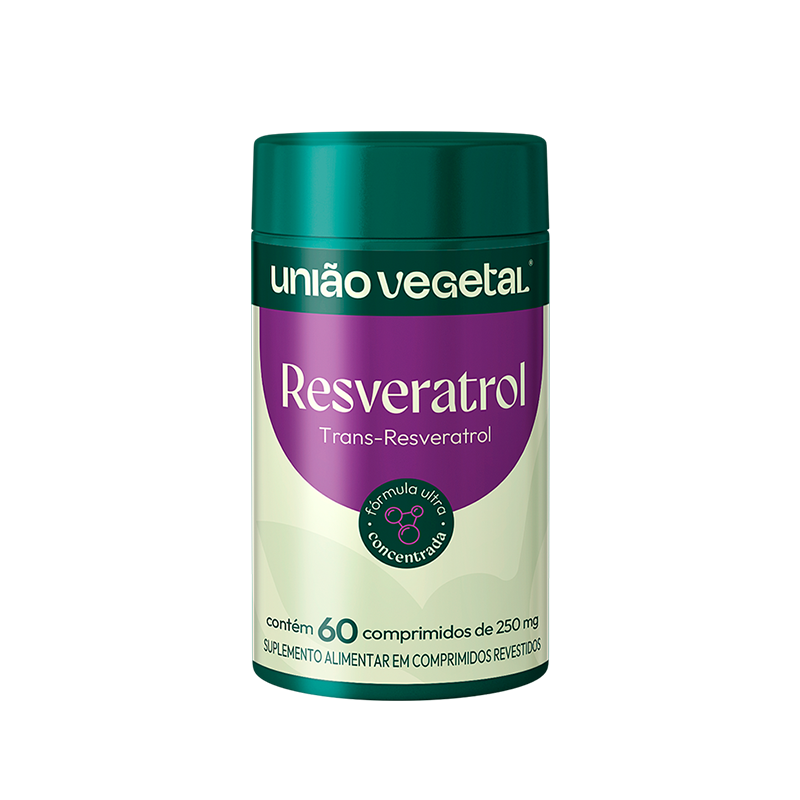 Frasco do suplemento Resveratrol da União Vegetal com Trans-Resveratrol concentrado, 60 comprimidos revestidos.