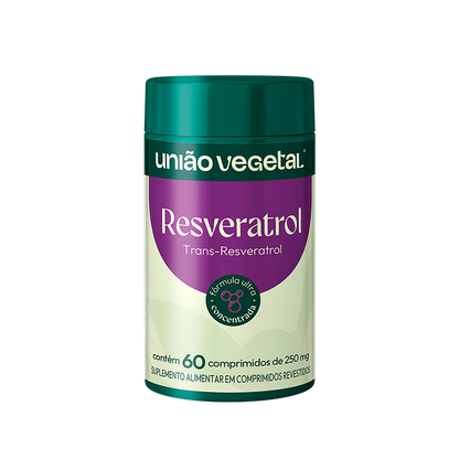 Frasco do suplemento Resveratrol da União Vegetal com Trans-Resveratrol concentrado, 60 comprimidos revestidos.