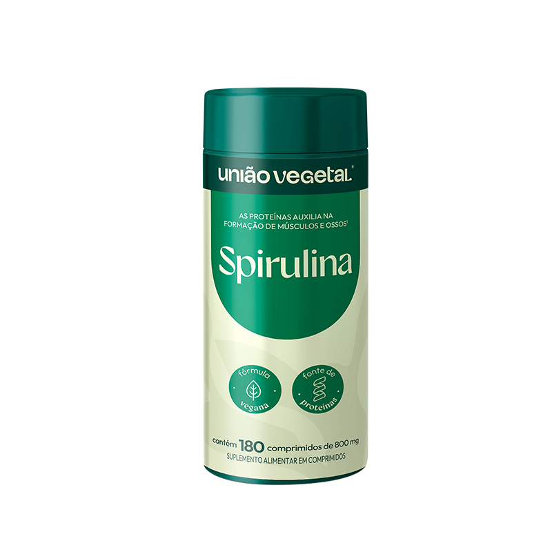 Frasco do suplemento Spirulina da União Vegetal com 180 comprimidos veganos e fonte de proteína vegetal.