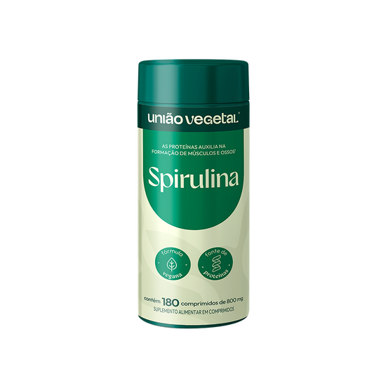Frasco do suplemento Spirulina da União Vegetal com 180 comprimidos veganos e fonte de proteína vegetal.