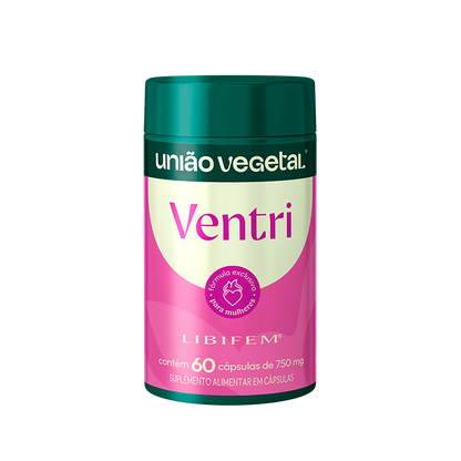Frasco do suplemento Ventri União Vegetal com Libifem®, fórmula em cápsulas para mulheres, com 60 unidades de 750 mg.
