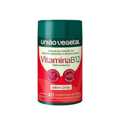 Frasco da Vitamina B12 União Vegetal com 60 comprimidos mastigáveis sabor cereja, contendo metilcobalamina e fórmula concentrada.