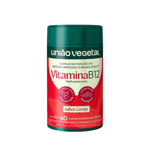 
                  
                    Carregar imagem no visualizador de catergoria, Frasco da Vitamina B12 União Vegetal com 60 comprimidos mastigáveis sabor cereja, contendo metilcobalamina e fórmula concentrada.
                  
                