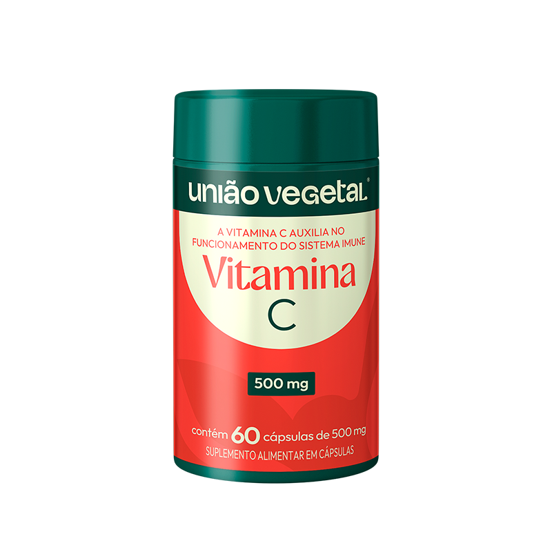 Frasco da Vitamina C 500 mg União Vegetal com 60 cápsulas para suporte à imunidade.