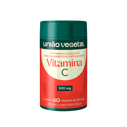 Frasco da Vitamina C 500 mg União Vegetal com 60 cápsulas para suporte à imunidade.