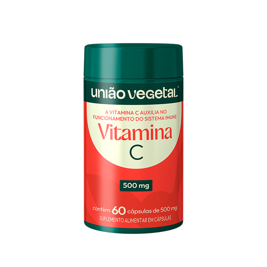 Frasco da Vitamina C 500 mg União Vegetal com 60 cápsulas para suporte à imunidade.