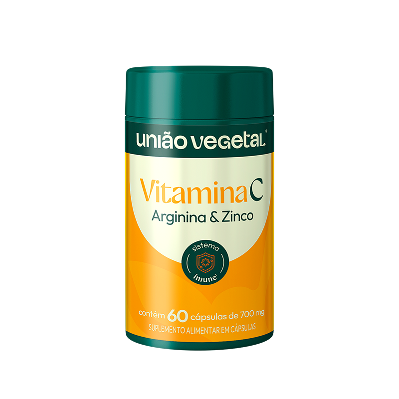 Frasco do suplemento Vitamina C com Arginina e Zinco da União Vegetal, com 60 cápsulas de 700mg para suporte ao sistema imune.