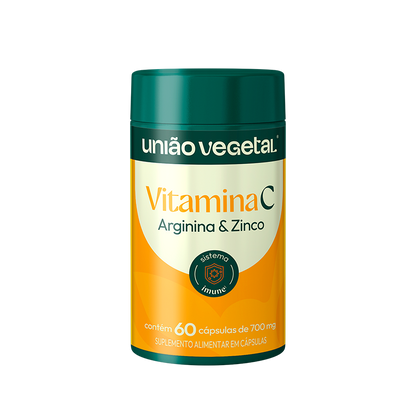 Frasco do suplemento Vitamina C com Arginina e Zinco da União Vegetal, com 60 cápsulas de 700mg para suporte ao sistema imune.