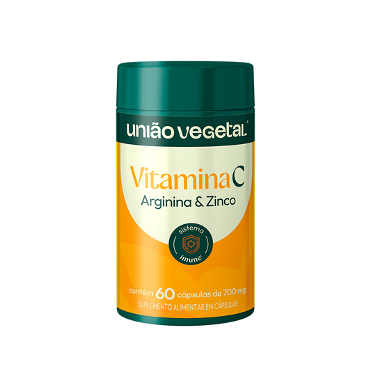 Frasco do suplemento Vitamina C com Arginina e Zinco da União Vegetal, com 60 cápsulas de 700mg para suporte ao sistema imune.