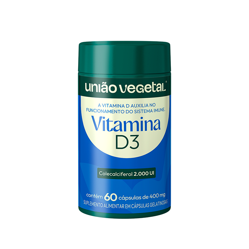 Frasco da Vitamina D3 da União Vegetal com 60 cápsulas de 400mg e 2.000 UI por dose, indicada para suporte ao sistema imune.