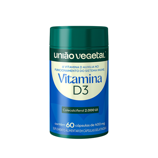 Frasco da Vitamina D3 da União Vegetal com 60 cápsulas de 400mg e 2.000 UI por dose, indicada para suporte ao sistema imune.