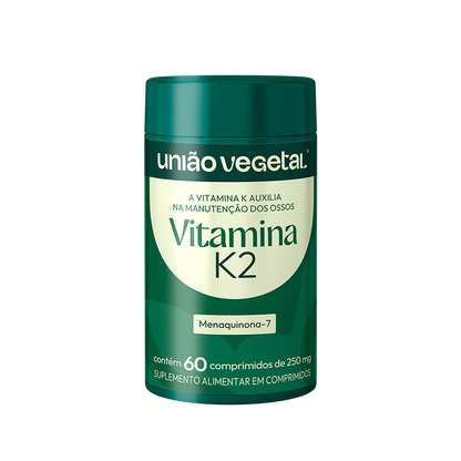 Frasco do suplemento Vitamina K2 (Menaquinona-7) da União Vegetal com 60 comprimidos de 250mg, indicado para manutenção da saúde óssea.