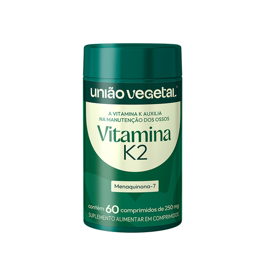 Frasco do suplemento Vitamina K2 (Menaquinona-7) da União Vegetal com 60 comprimidos de 250mg, indicado para manutenção da saúde óssea.