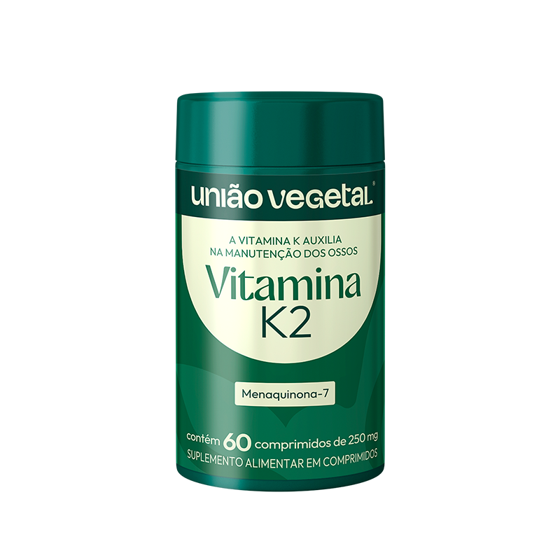 Frasco do suplemento Vitamina K2 (Menaquinona-7) da União Vegetal com 60 comprimidos de 250mg, indicado para manutenção da saúde óssea.