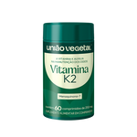 Frasco do suplemento Vitamina K2 (Menaquinona-7) da União Vegetal com 60 comprimidos de 250mg, indicado para manutenção da saúde óssea.