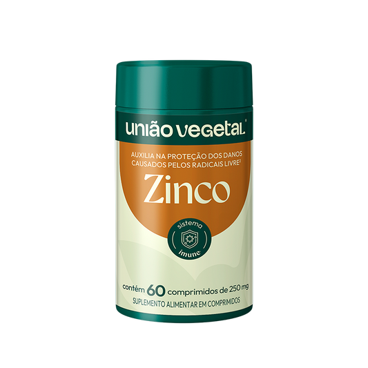 Frasco do suplemento Zinco da União Vegetal com 60 comprimidos de 250mg, indicado como apoio ao sistema imune e antioxidante.