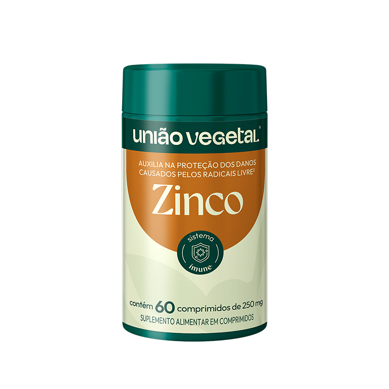 Frasco do suplemento Zinco da União Vegetal com 60 comprimidos de 250mg, indicado como apoio ao sistema imune e antioxidante.