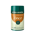 Frasco do suplemento Zinco da União Vegetal com 60 comprimidos de 250mg, indicado como apoio ao sistema imune e antioxidante.